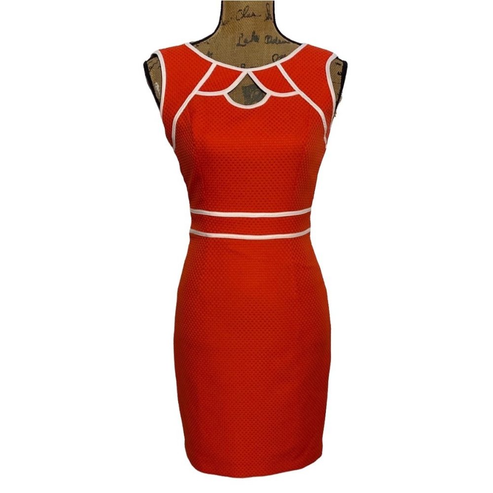 Muse Sheath Dress XS 0 Red Orange Woven Fabric White Trim Sexy Cut Out Detail